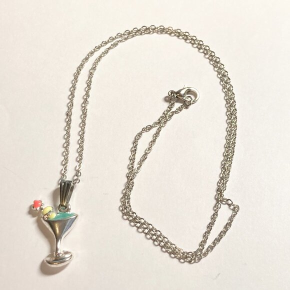 Martini Cocktail Drink Cup Glass Charm Necklace Pendant Aqua Enamel 18" Chain - Picture 5 of 9